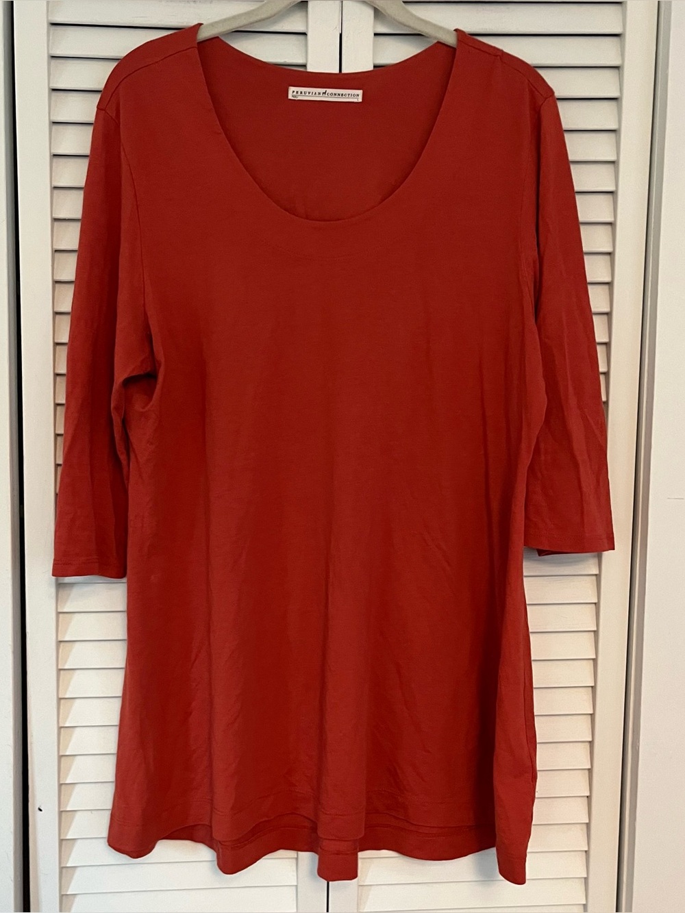 Peruvian Connection 3/4 Sleeve Pima Cotton Blend Tunic Top Burnt Orange Sz Large